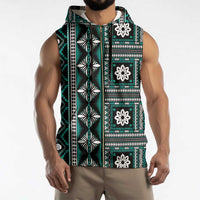 Fiji Masi Tapa Pattern Teal Sleeveless Zip Hoodie - Polynesian Pride