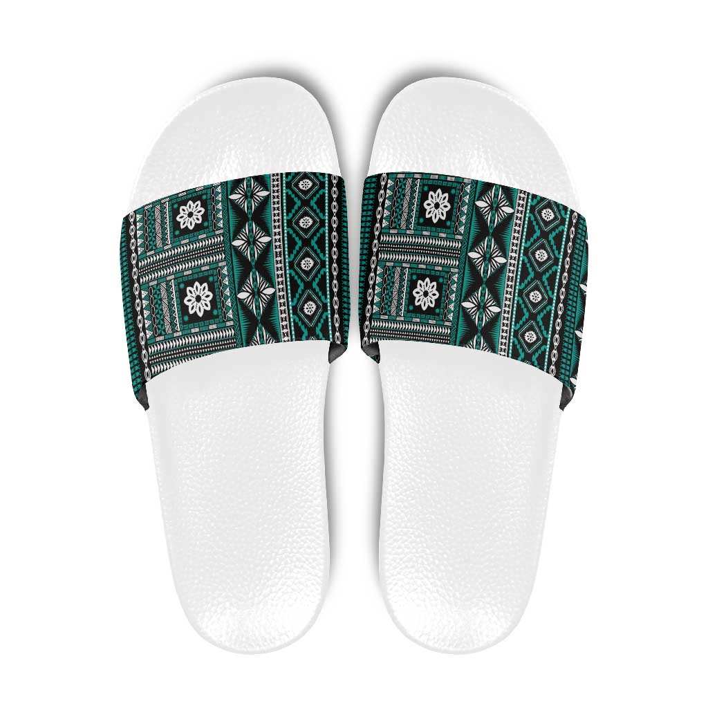 Fiji Masi Tapa Pattern Teal Slide Sandals - Polynesian Pride