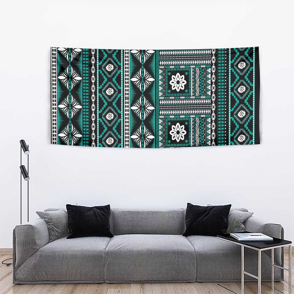 Fiji Masi Tapa Pattern Teal Tapestry - Polynesian Pride