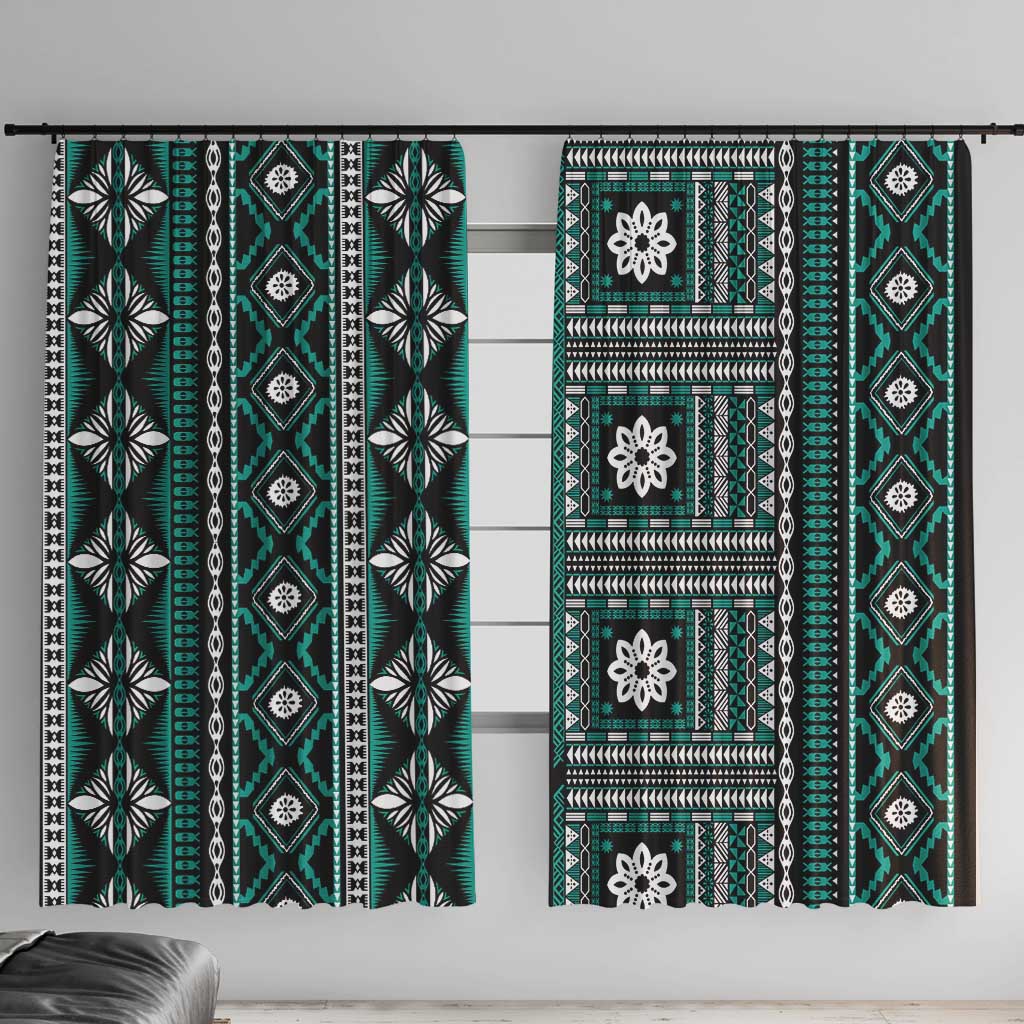 Fiji Masi Tapa Pattern Teal Window Curtain - Polynesian Pride