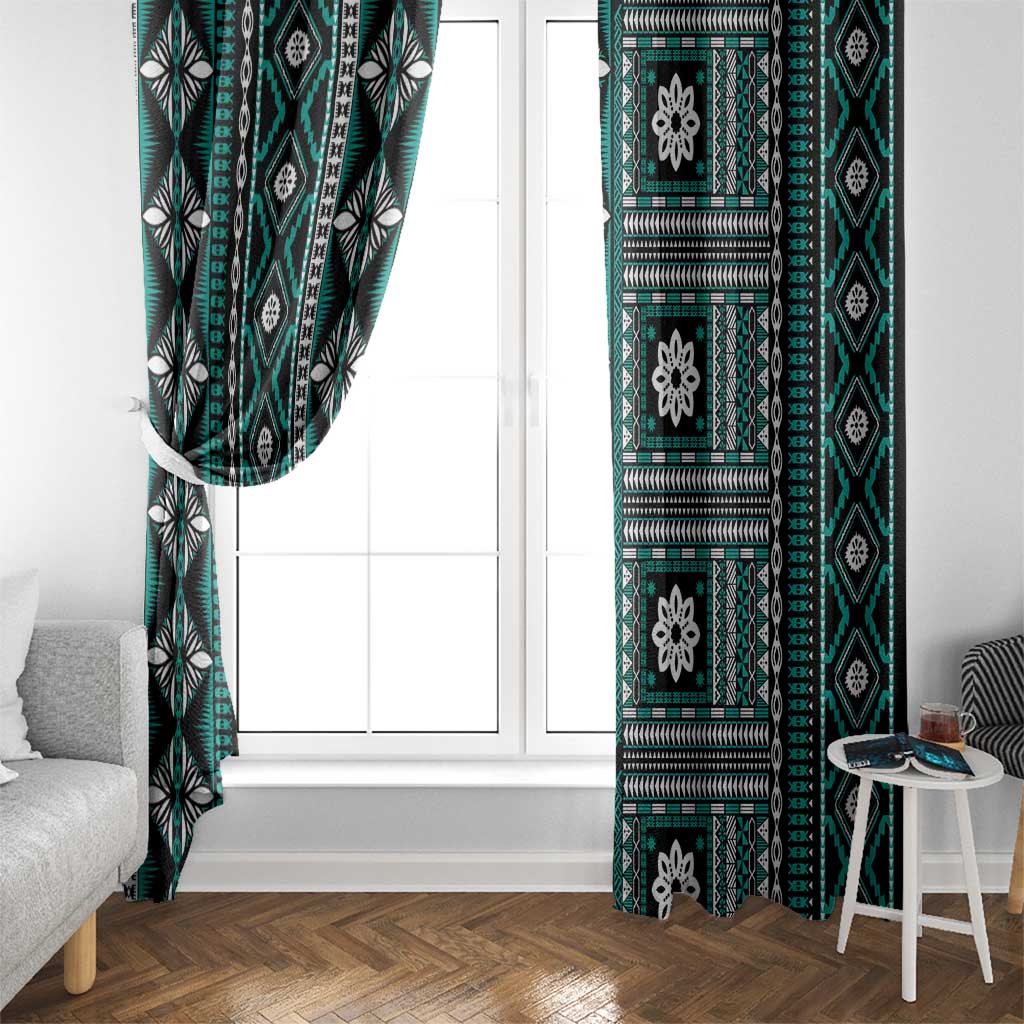 Fiji Masi Tapa Pattern Teal Window Curtain - Polynesian Pride