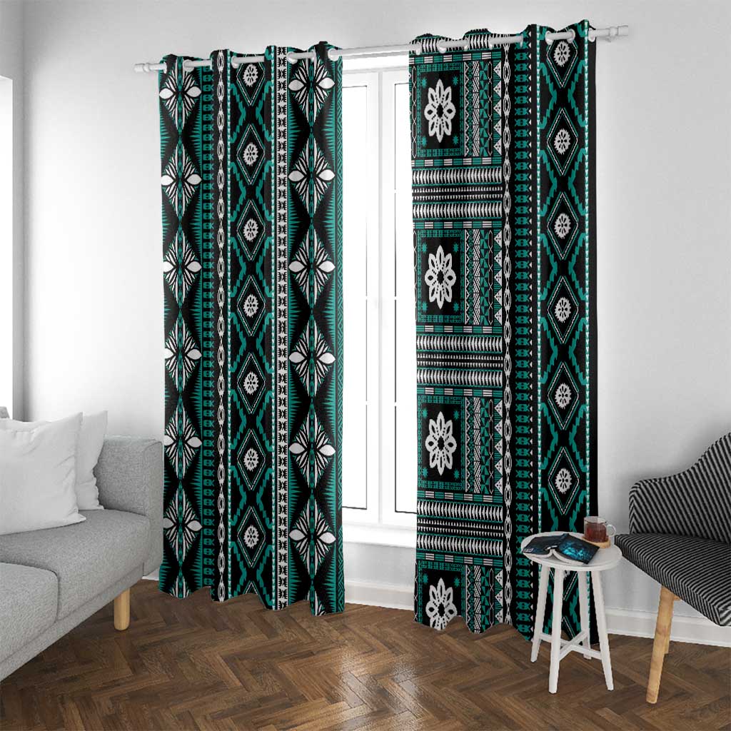 Fiji Masi Tapa Pattern Teal Window Curtain - Polynesian Pride