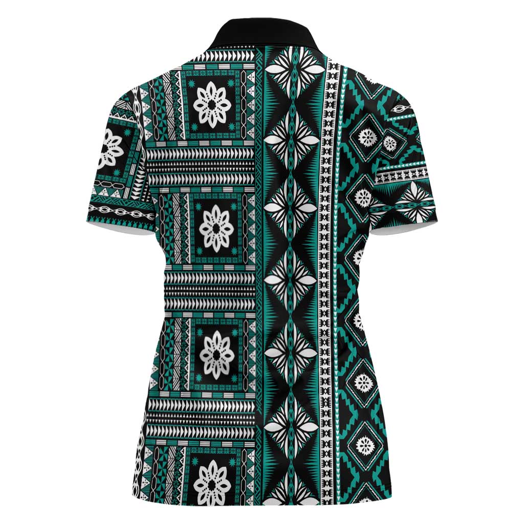 Fiji Masi Tapa Pattern Teal Women Polo Shirt - Polynesian Pride