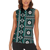 Fiji Masi Tapa Pattern Teal Women Sleeveless Polo Shirt - Polynesian Pride