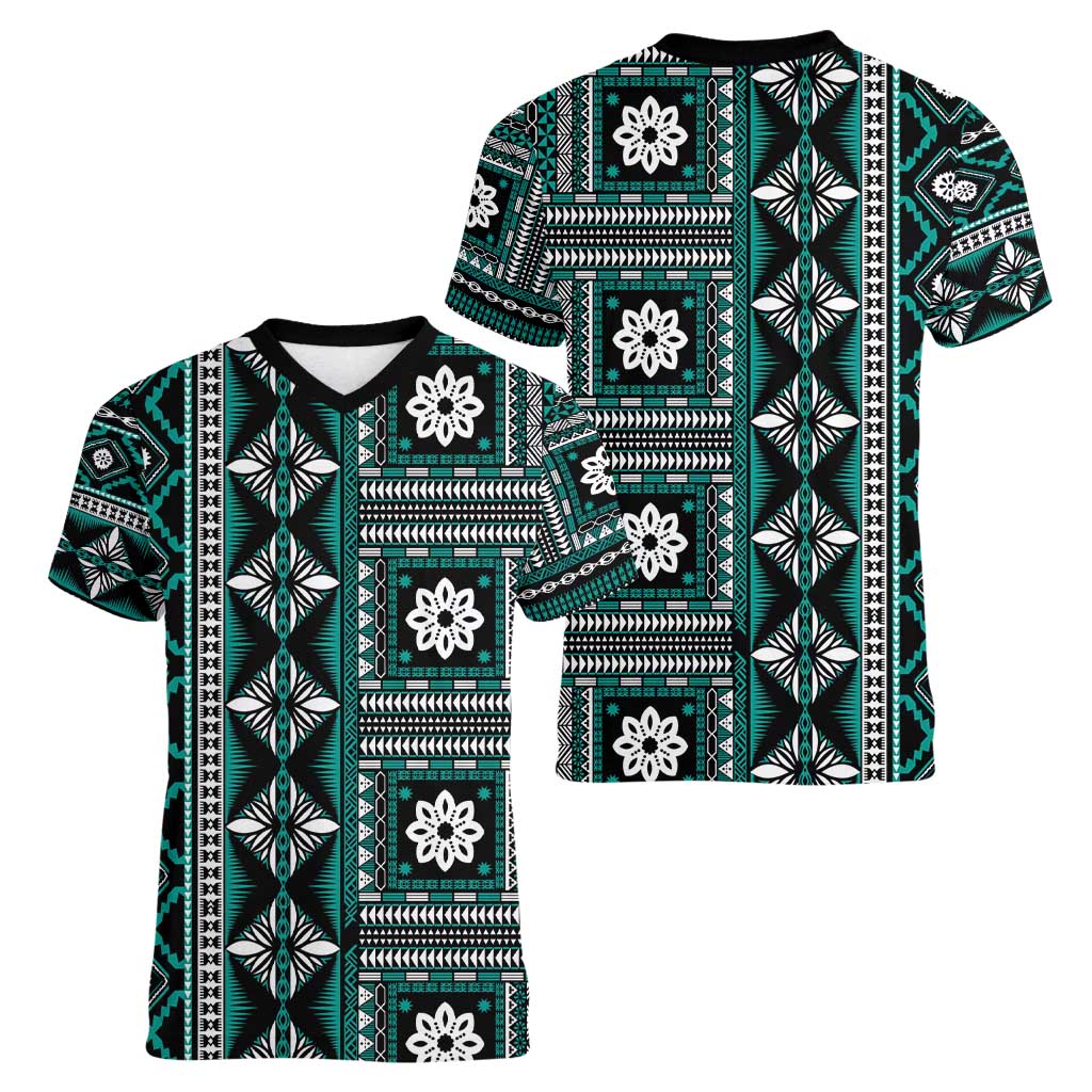 Fiji Masi Tapa Pattern Teal Women V-Neck T-Shirt - Polynesian Pride