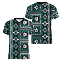 Fiji Masi Tapa Pattern Teal Women V-Neck T-Shirt - Polynesian Pride