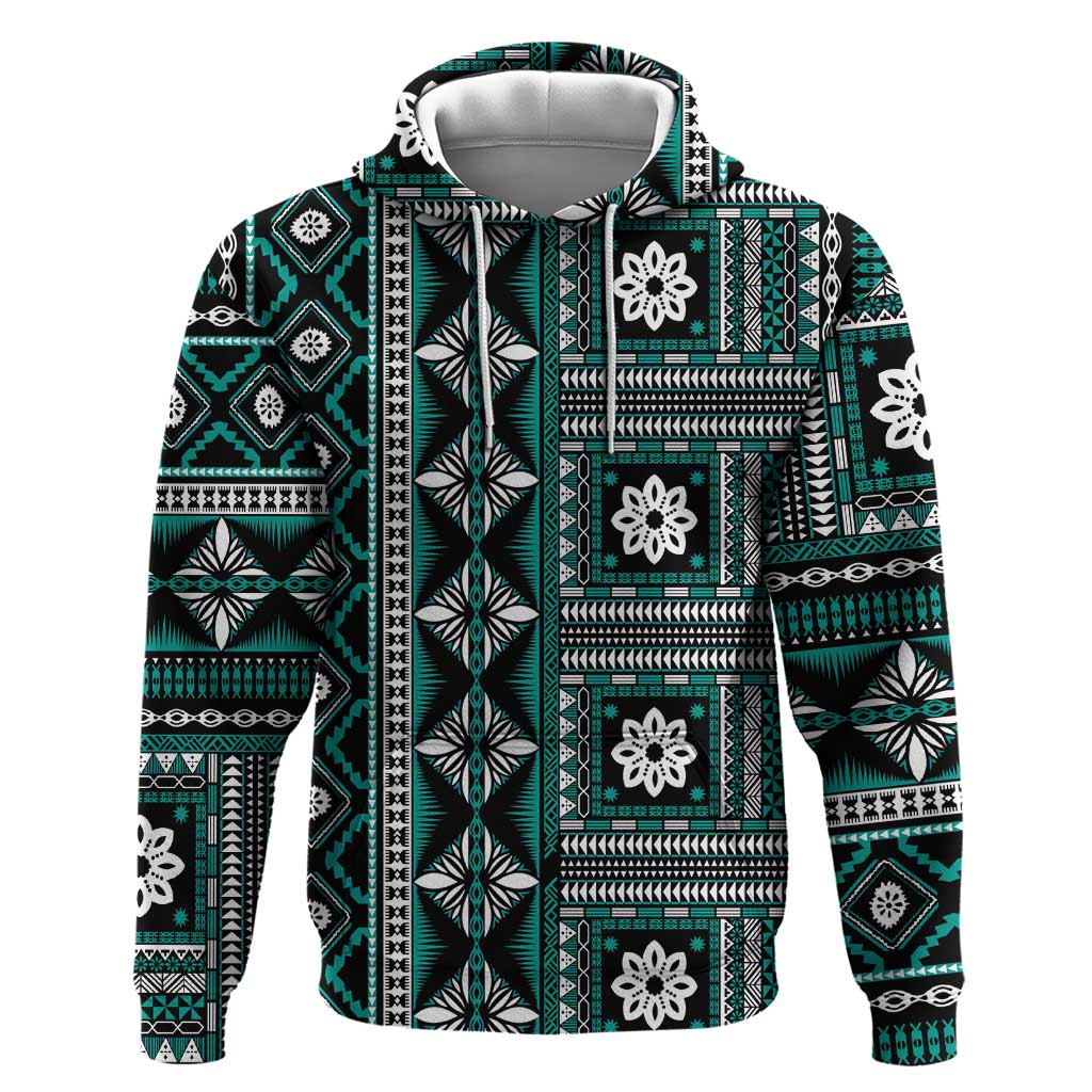 Fiji Masi Tapa Pattern Teal Zip Hoodie - Polynesian Pride