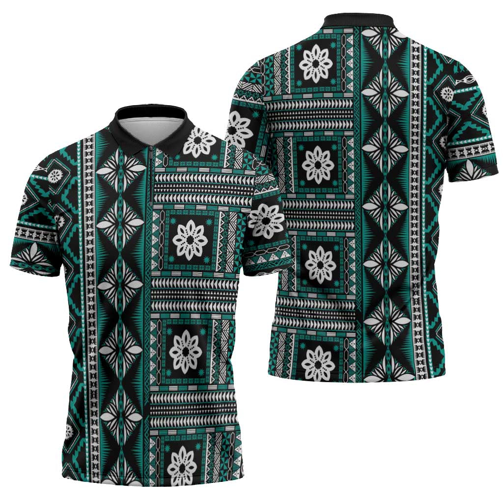 Fiji Masi Tapa Pattern Teal Zipper Polo Shirt - Polynesian Pride