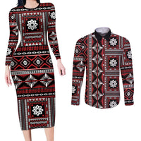 Fiji Masi Tapa Pattern Red Couples Matching Long Sleeve Bodycon Dress and Long Sleeve Button Shirt - Polynesian Pride