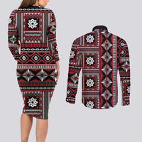 Fiji Masi Tapa Pattern Red Couples Matching Long Sleeve Bodycon Dress and Long Sleeve Button Shirt - Polynesian Pride