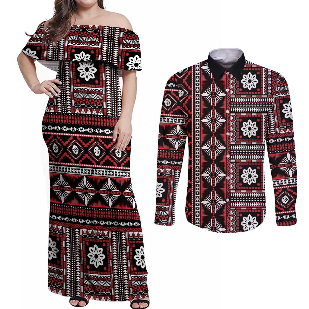 Fiji Masi Tapa Pattern Red Couples Matching Off Shoulder Maxi Dress and Long Sleeve Button Shirt - Polynesian Pride