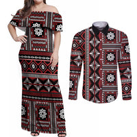 Fiji Masi Tapa Pattern Red Couples Matching Off Shoulder Maxi Dress and Long Sleeve Button Shirt - Polynesian Pride