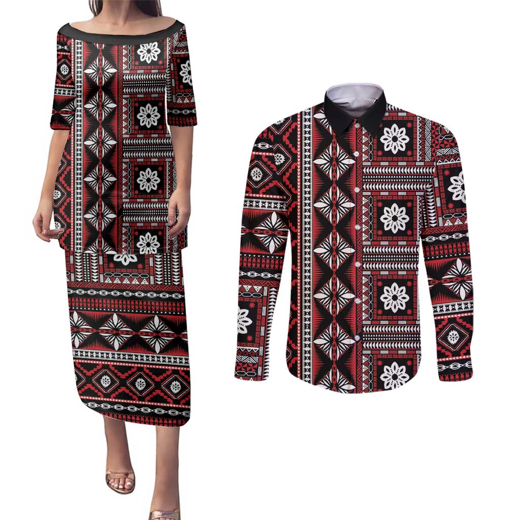 Fiji Masi Tapa Pattern Red Couples Matching Puletasi and Long Sleeve Button Shirt - Polynesian Pride