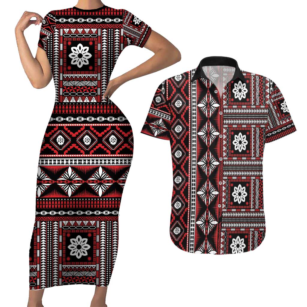 Fiji Masi Tapa Pattern Red Couples Matching Short Sleeve Bodycon Dress and Hawaiian Shirt - Polynesian Pride