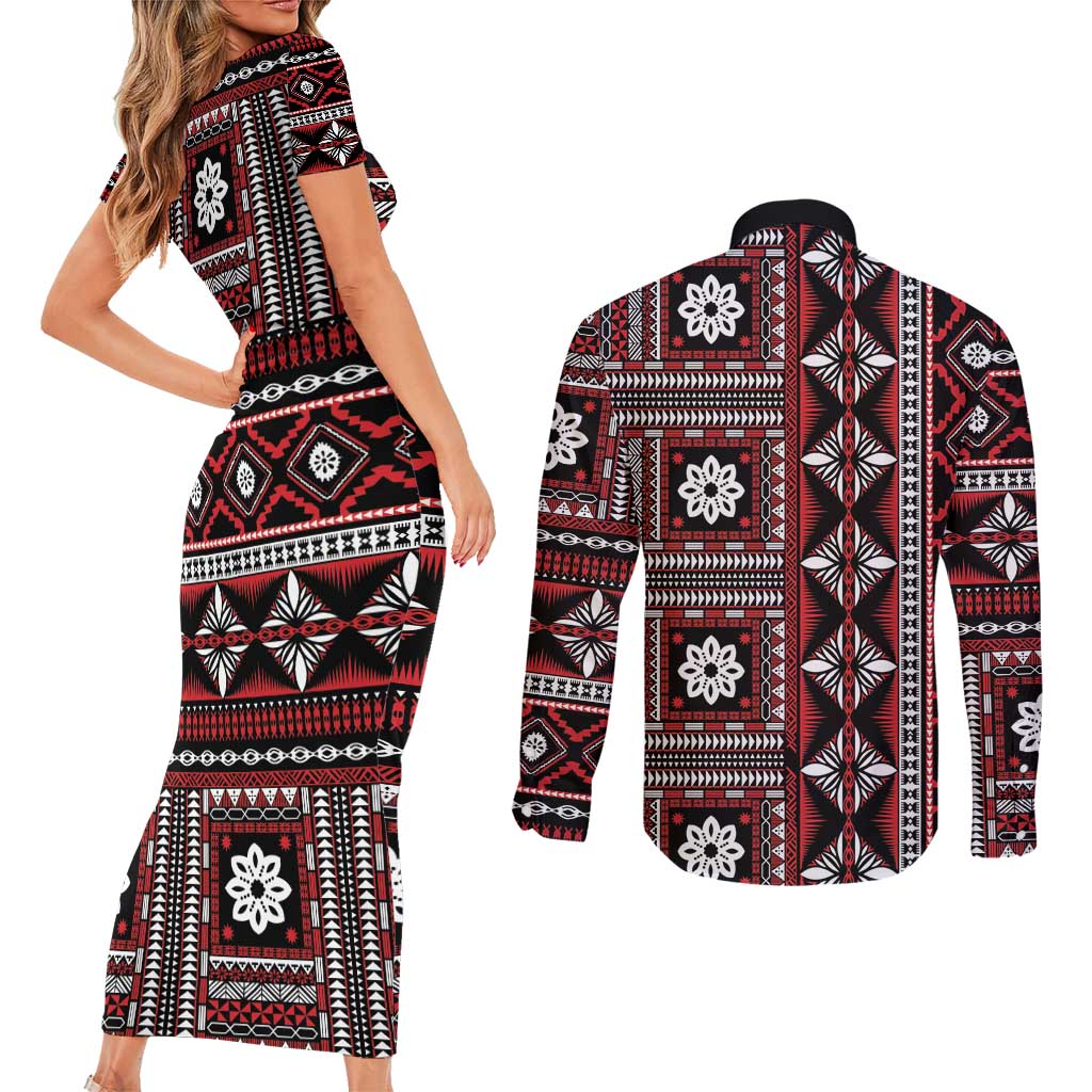 Fiji Masi Tapa Pattern Red Couples Matching Short Sleeve Bodycon Dress and Long Sleeve Button Shirt - Polynesian Pride