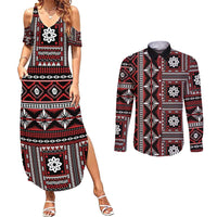 Fiji Masi Tapa Pattern Red Couples Matching Summer Maxi Dress and Long Sleeve Button Shirt - Polynesian Pride