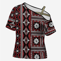Fiji Masi Tapa Pattern Red Cross Shoulder Shirt - Polynesian Pride