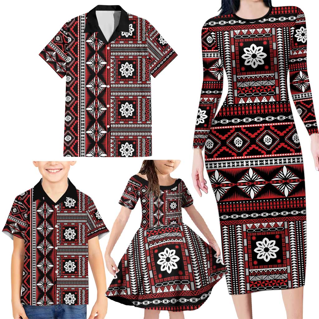 Fiji Masi Tapa Pattern Red Family Matching Long Sleeve Bodycon Dress and Hawaiian Shirt - Polynesian Pride
