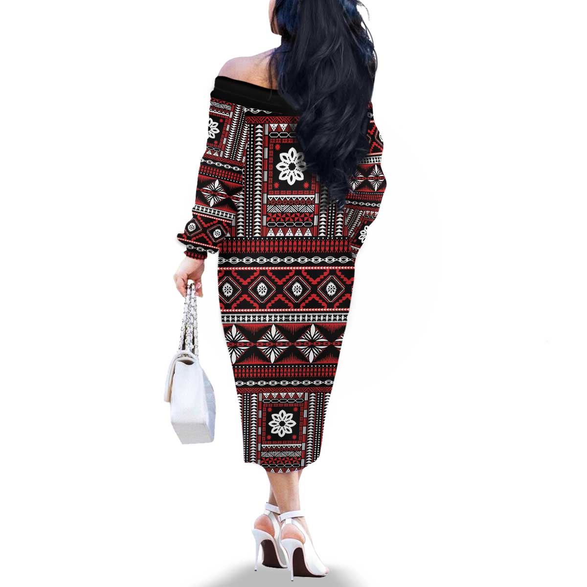 Fiji Masi Tapa Pattern Red Family Matching Off The Shoulder Long Sleeve Dress and Hawaiian Shirt - Polynesian Pride