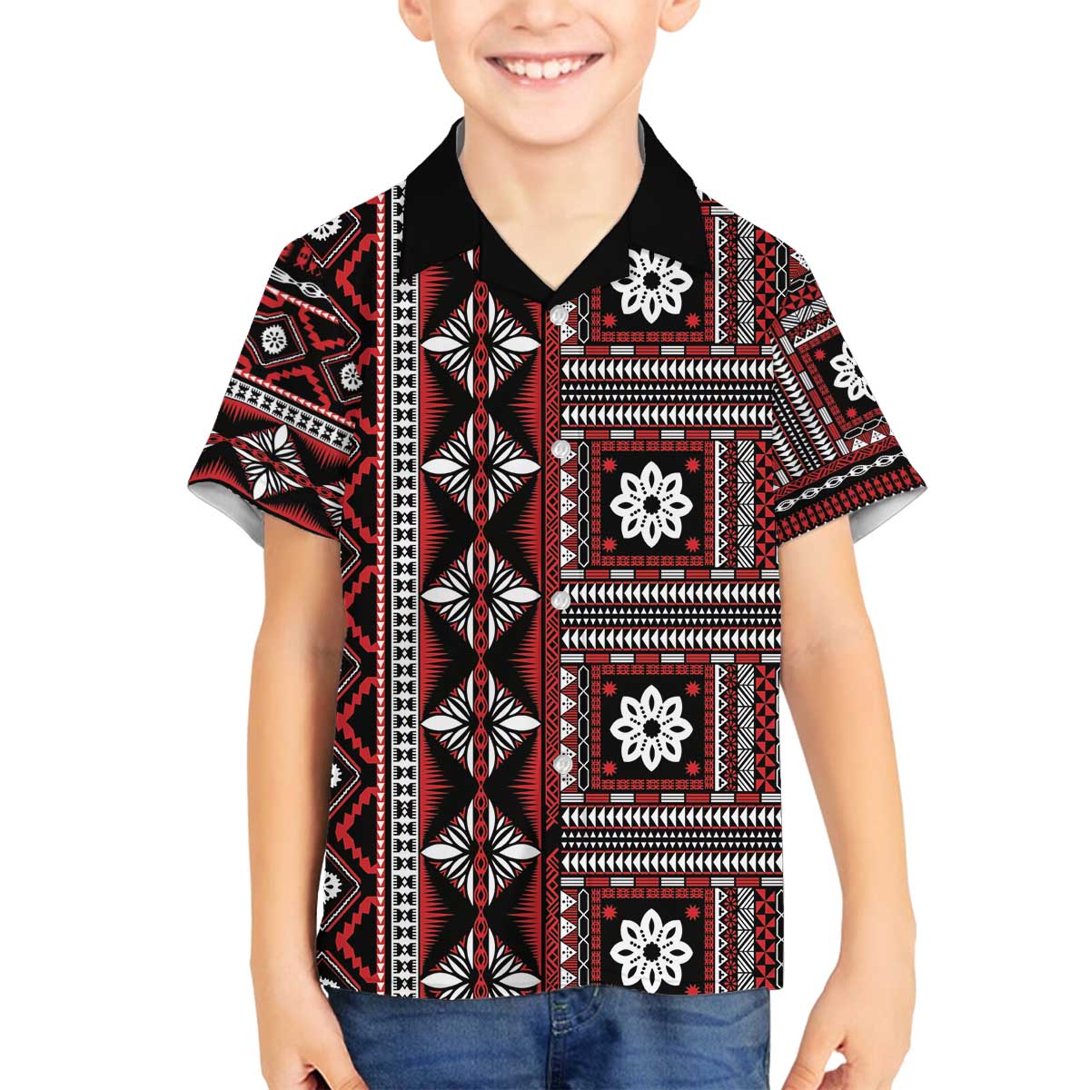 Fiji Masi Tapa Pattern Red Family Matching Off The Shoulder Long Sleeve Dress and Hawaiian Shirt - Polynesian Pride