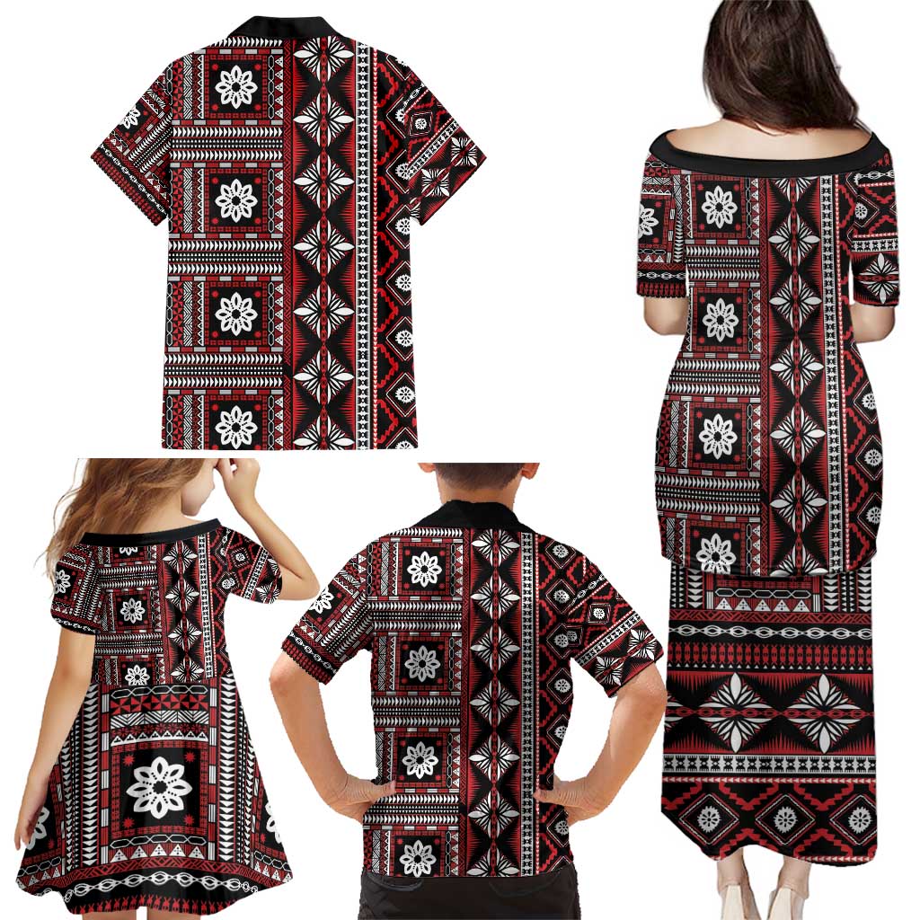 Fiji Masi Tapa Pattern Red Family Matching Puletasi and Hawaiian Shirt - Polynesian Pride