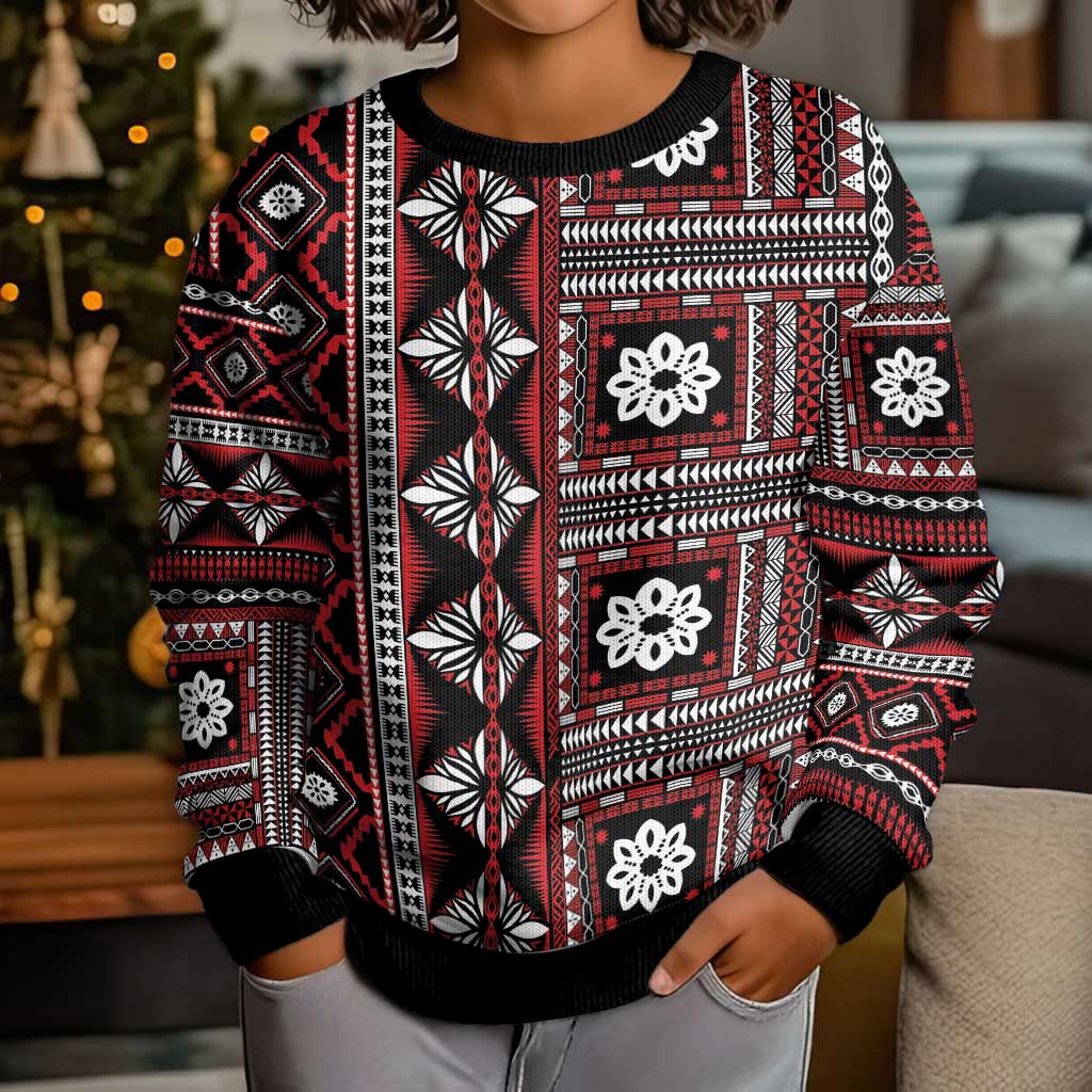 Fiji Masi Tapa Pattern Red Kid Ugly Christmas Sweater - Polynesian Pride