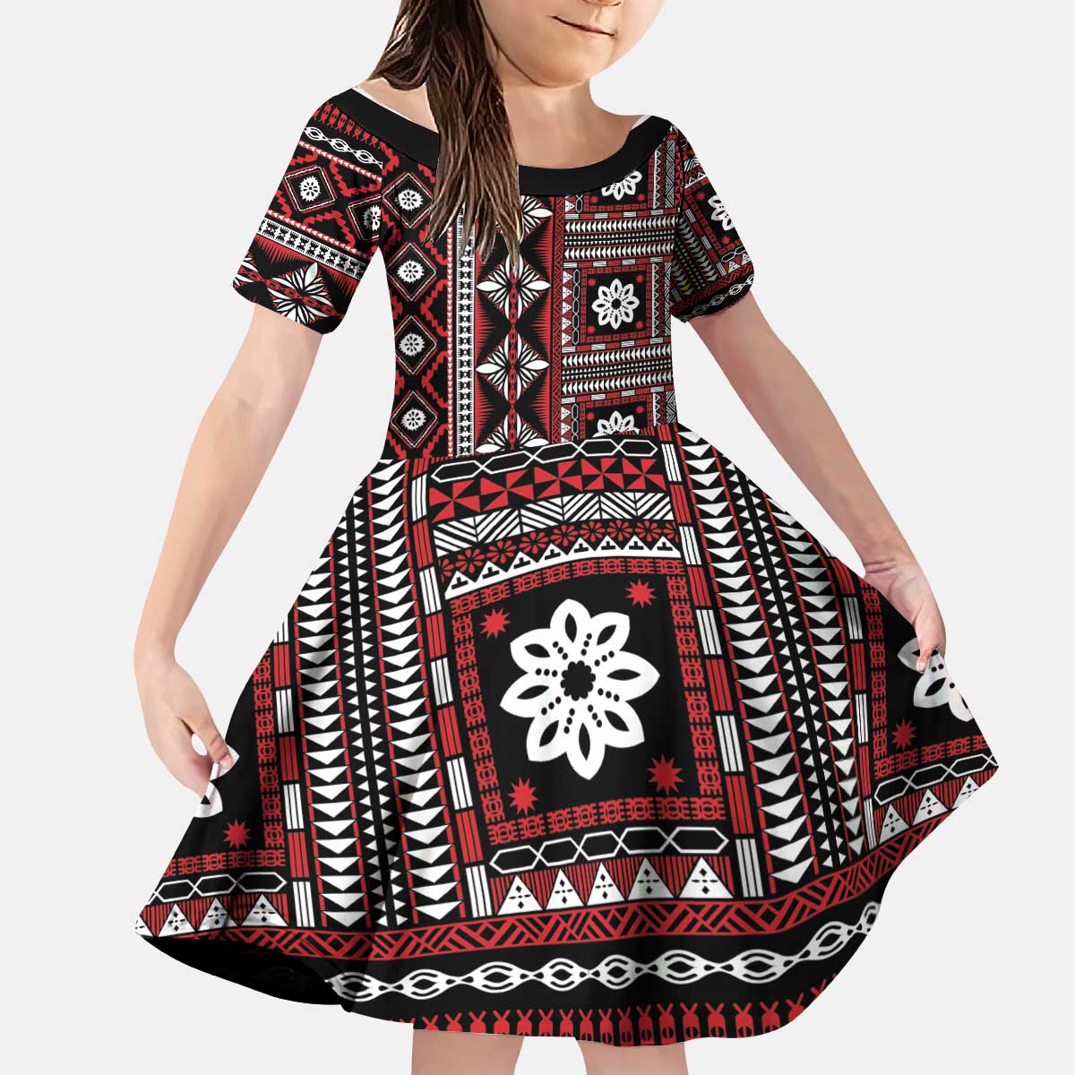 Fiji Masi Tapa Pattern Red Kid Short Sleeve Dress - Polynesian Pride