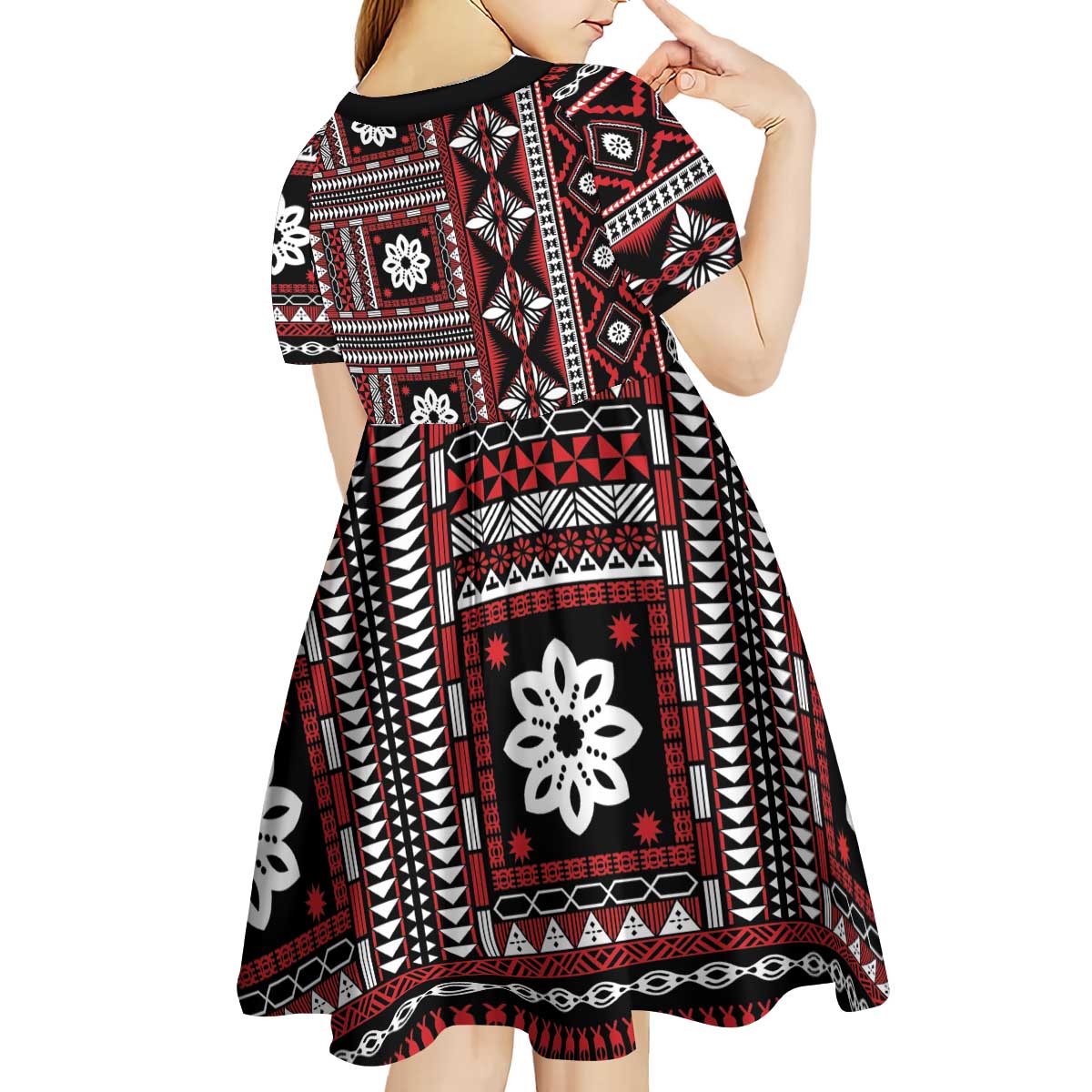 Fiji Masi Tapa Pattern Red Kid Short Sleeve Dress - Polynesian Pride