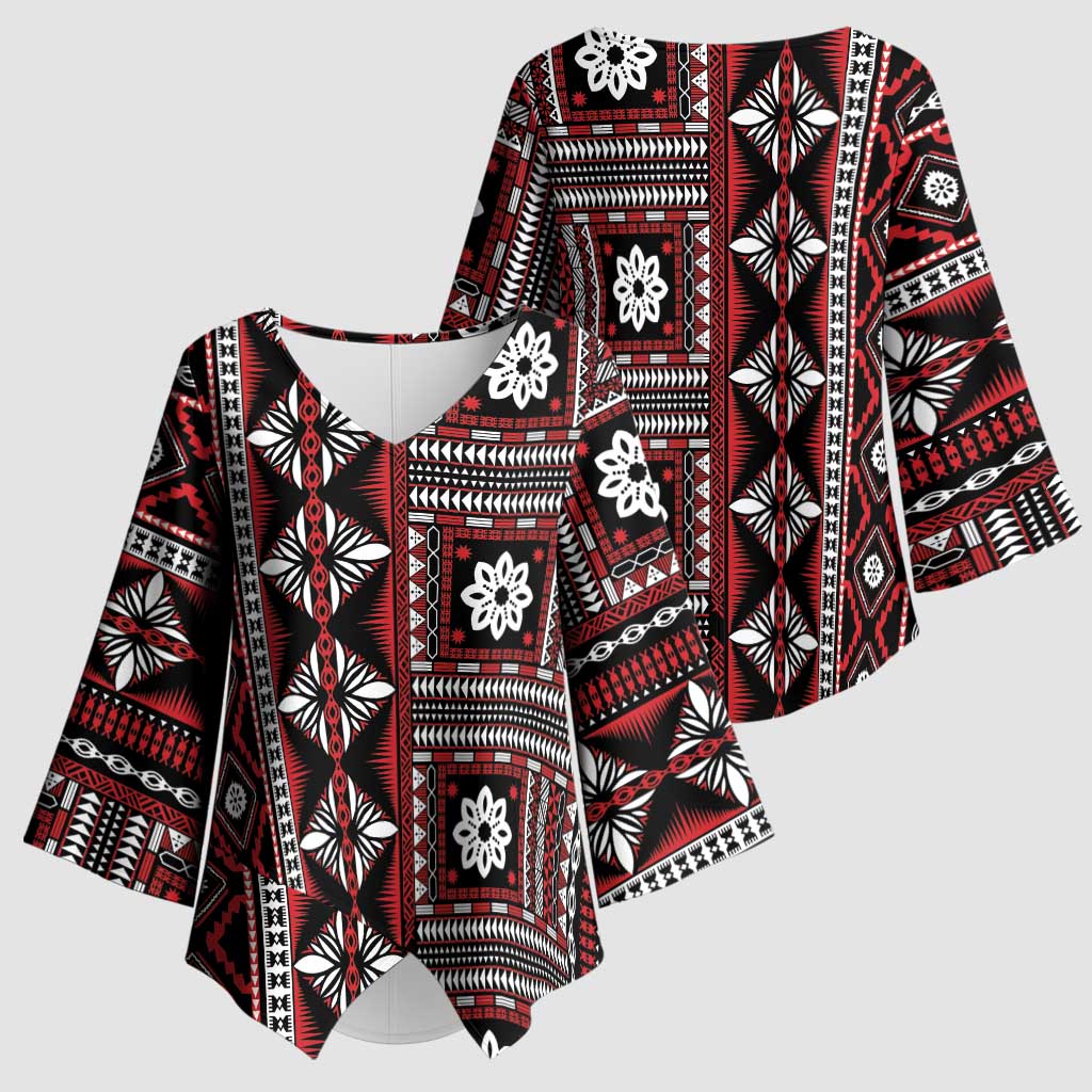 Fiji Masi Tapa Pattern Red Kimono Sleeve Blouse - Polynesian Pride