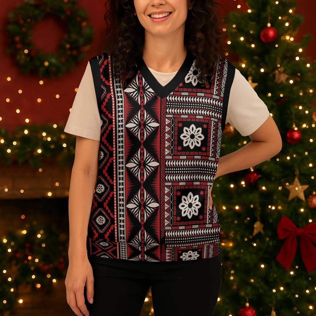 Fiji Masi Tapa Pattern Red Christmas Knitted V-Neck Vest - Polynesian Pride