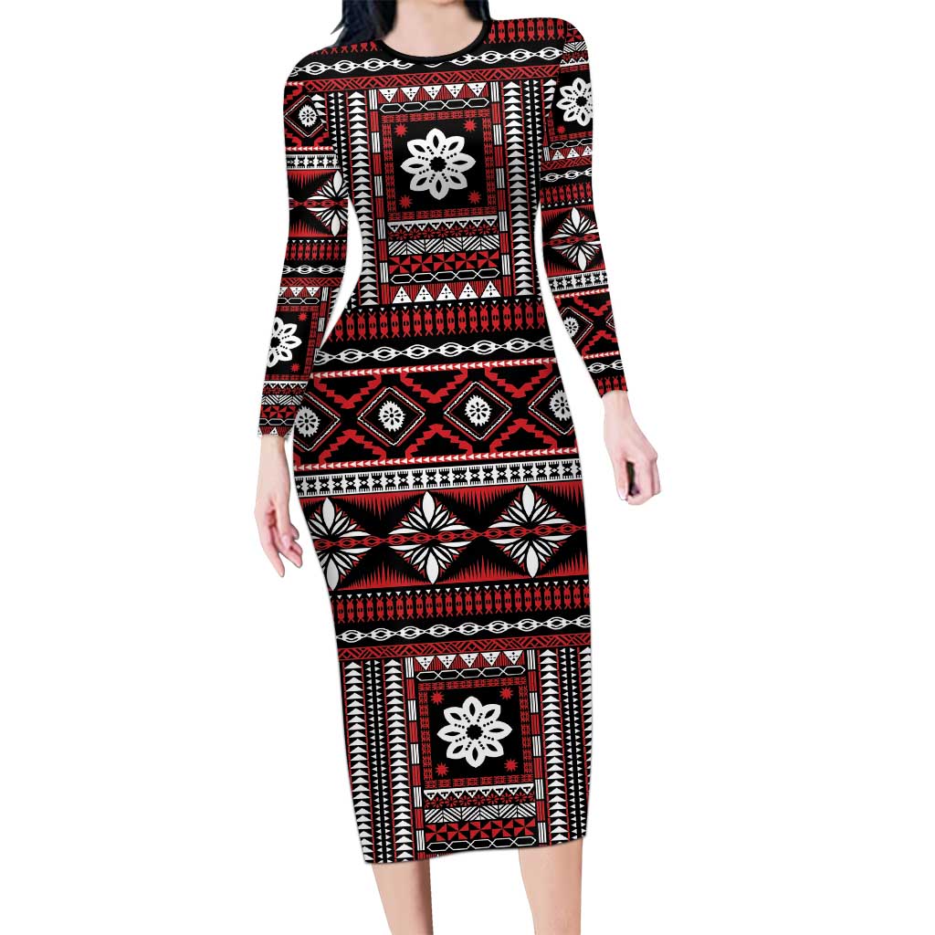 long sleeve patterned bodycon dress Fiji Masi Tapa Pattern Red Long Sleeve Bodycon Dress
