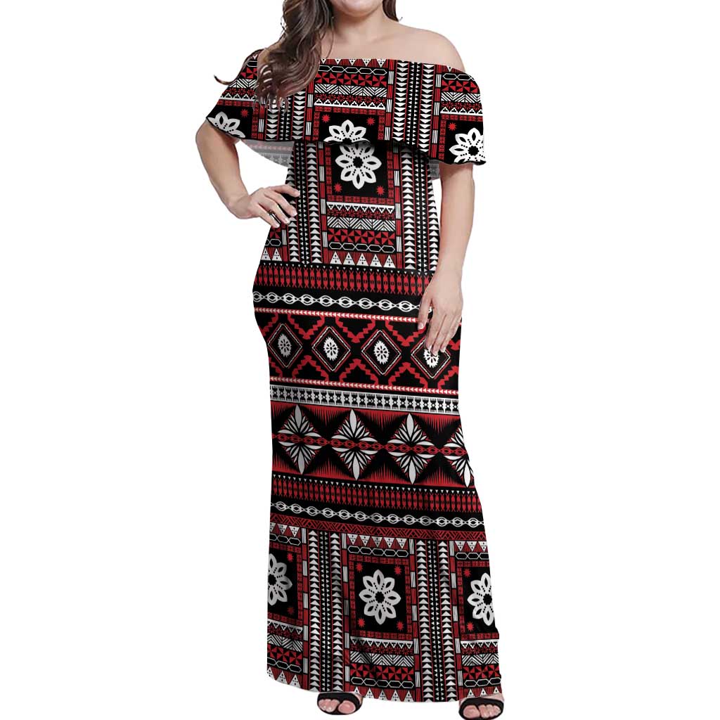 Fiji Masi Tapa Pattern Red Off Shoulder Maxi Dress - Polynesian Pride