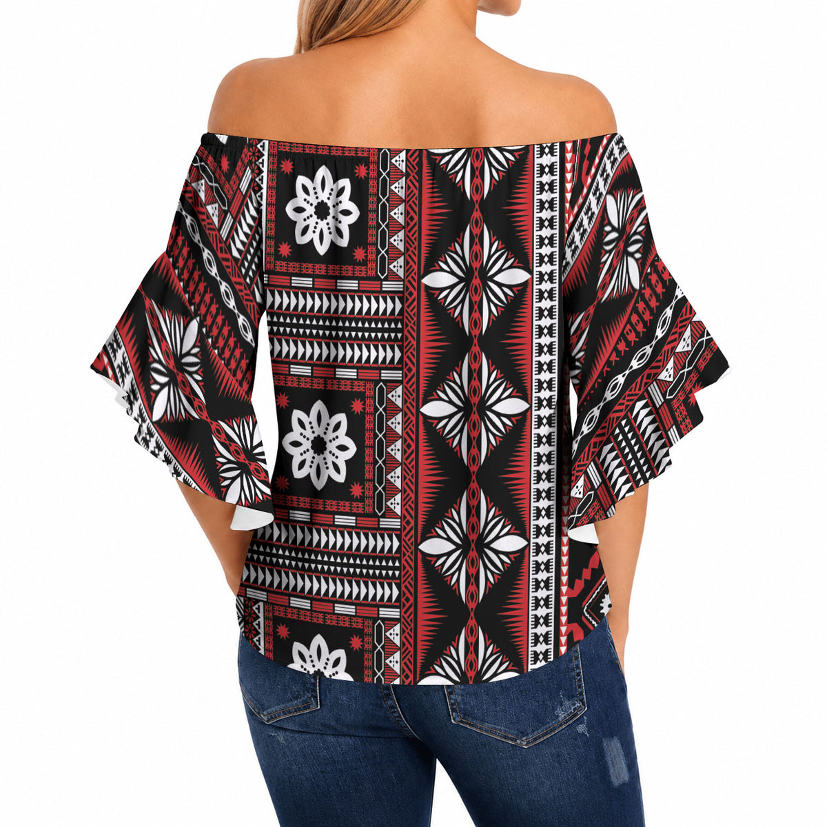Fiji Masi Tapa Pattern Red Off Shoulder Wrap Waist Top LT01 - Polynesian Pride