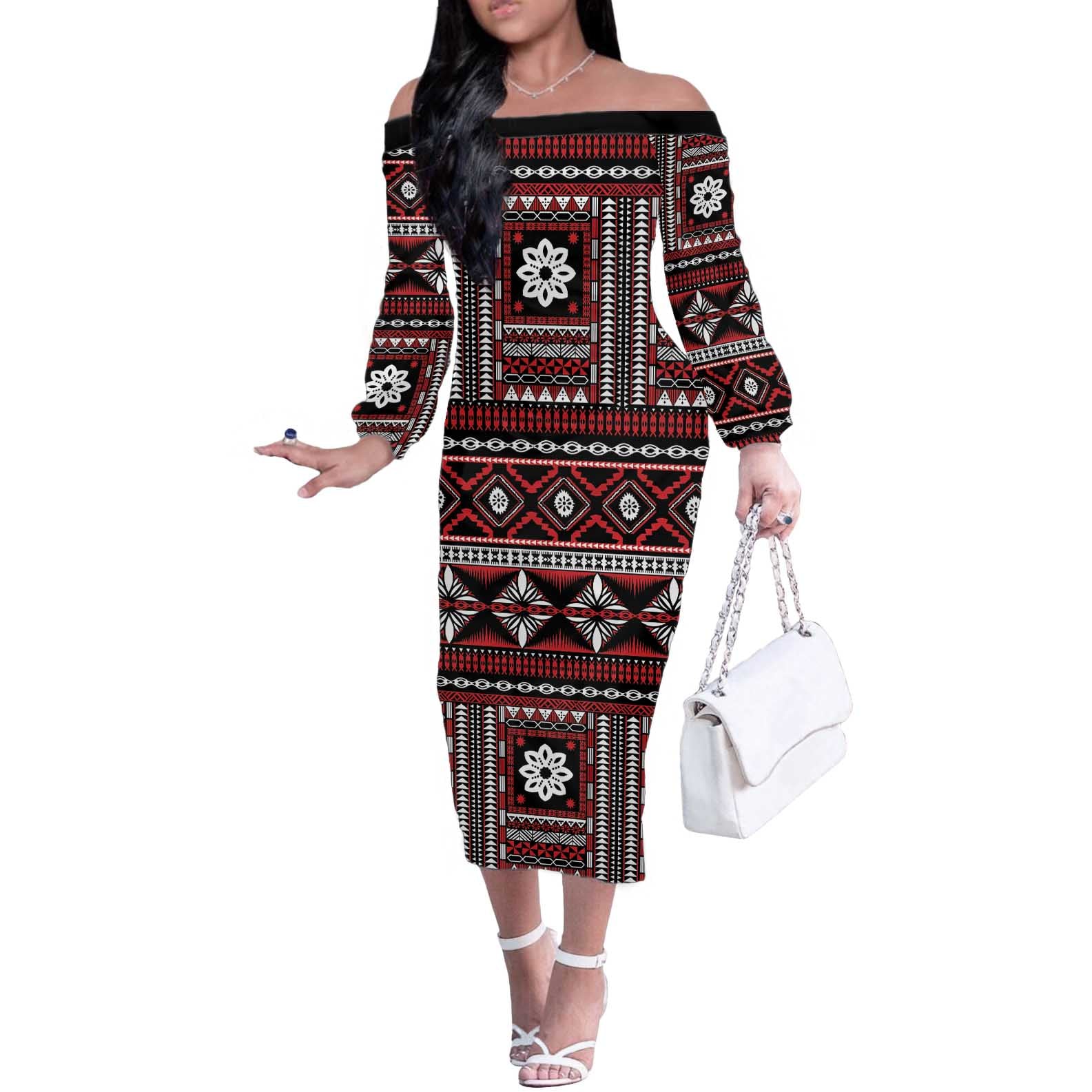 Fiji Masi Tapa Pattern Red Off The Shoulder Long Sleeve Dress - Polynesian Pride