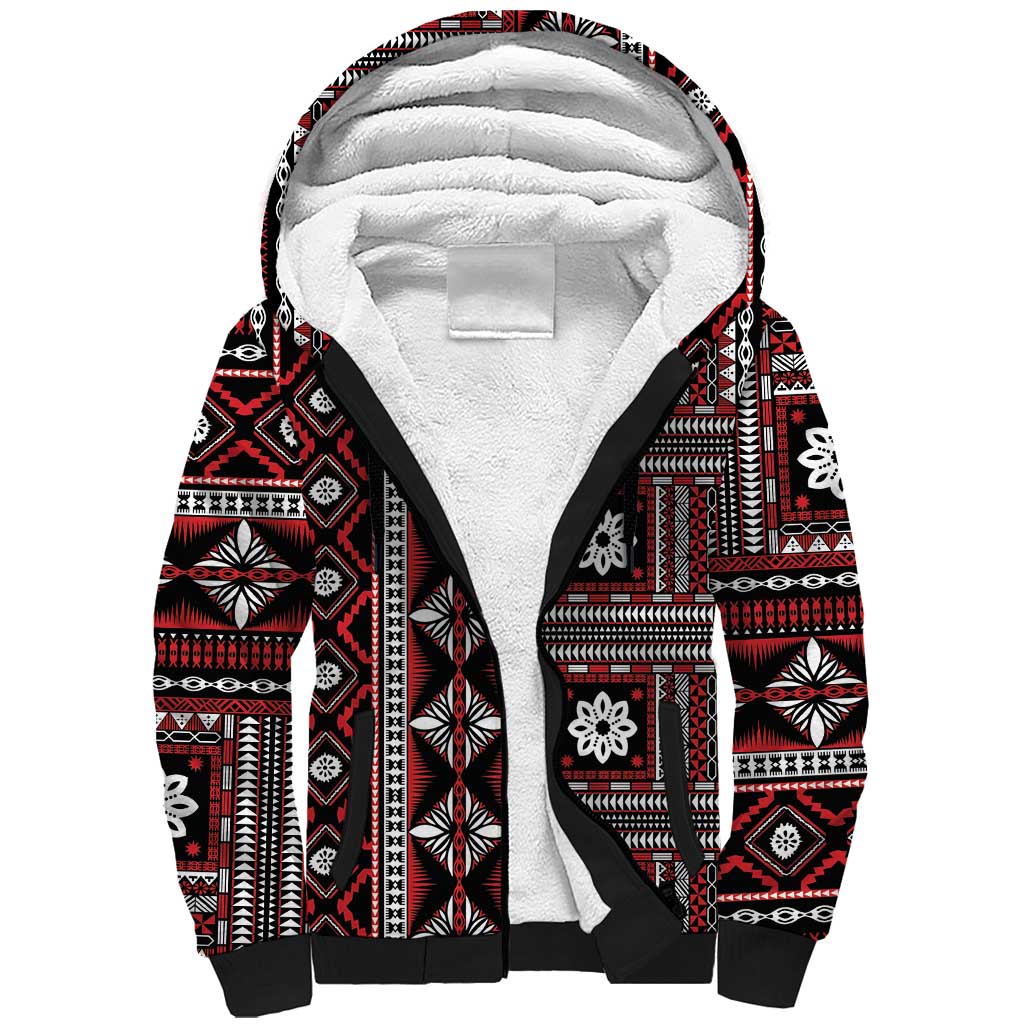 Fiji Masi Tapa Pattern Red Sherpa Hoodie - Polynesian Pride
