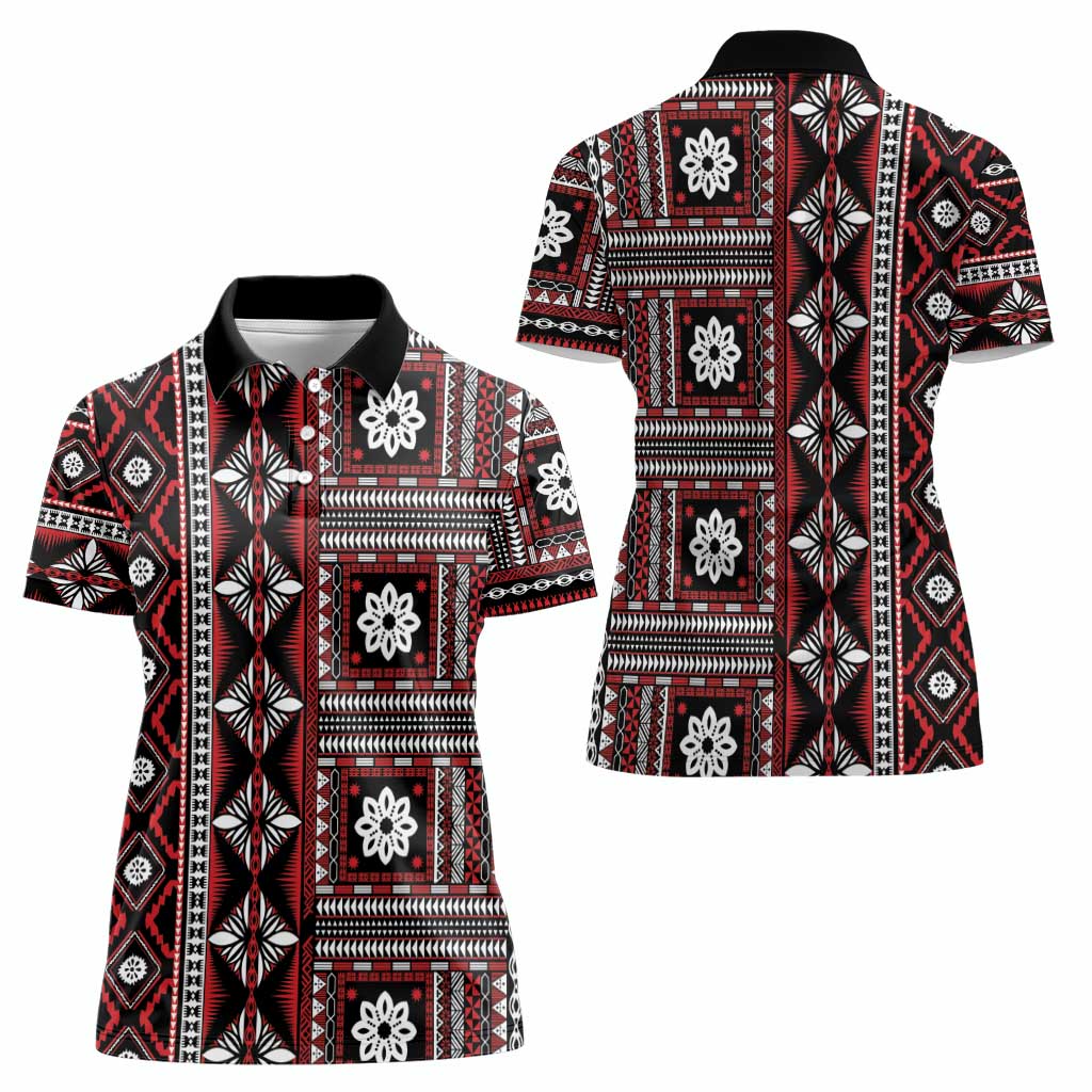 Fiji Masi Tapa Pattern Red Women Polo Shirt - Polynesian Pride