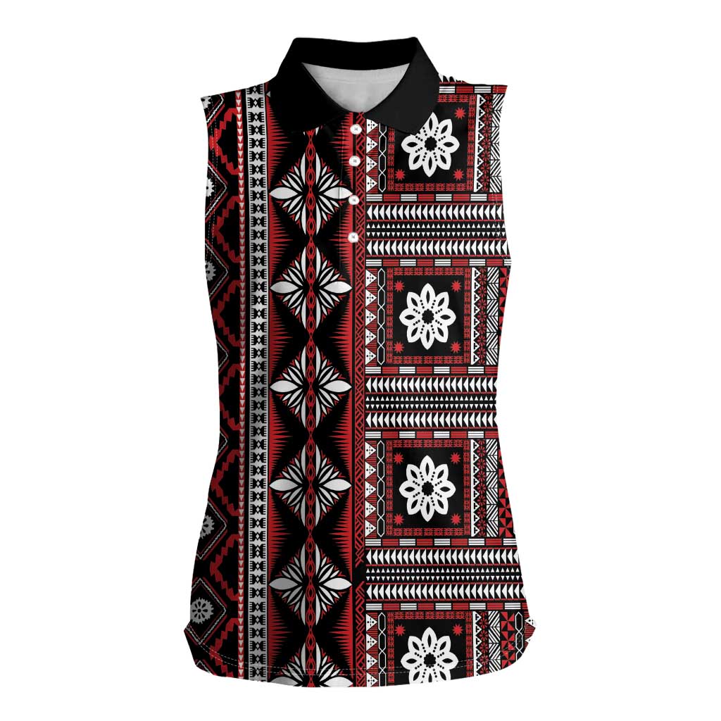 Fiji Masi Tapa Pattern Red Women Sleeveless Polo Shirt - Polynesian Pride