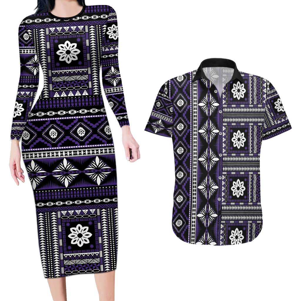 Fiji Masi Tapa Pattern Purple Couples Matching Long Sleeve Bodycon Dress and Hawaiian Shirt - Polynesian Pride