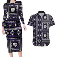 Fiji Masi Tapa Pattern Purple Couples Matching Long Sleeve Bodycon Dress and Hawaiian Shirt - Polynesian Pride