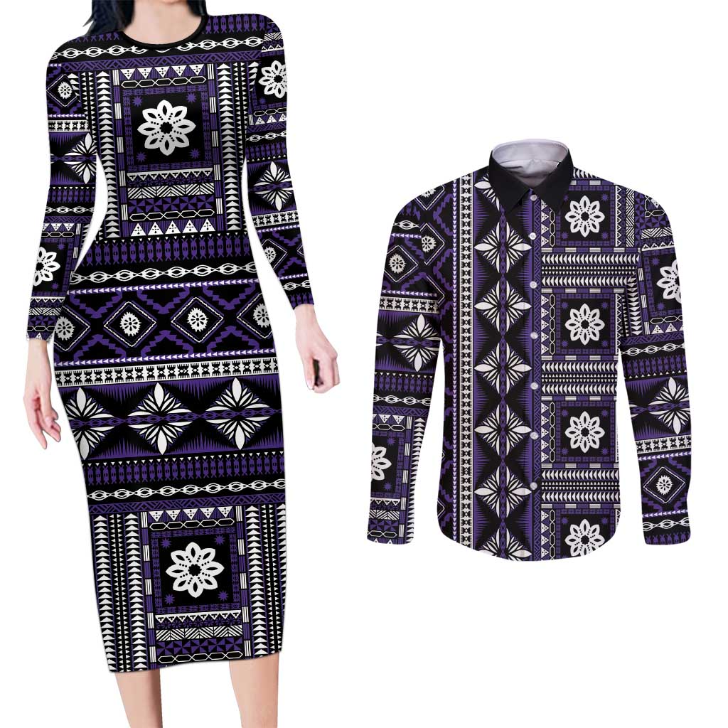 Fiji Masi Tapa Pattern Purple Couples Matching Long Sleeve Bodycon Dress and Long Sleeve Button Shirt - Polynesian Pride