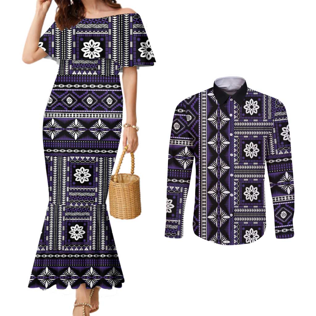 Fiji Masi Tapa Pattern Purple Couples Matching Mermaid Dress and Long Sleeve Button Shirt - Polynesian Pride
