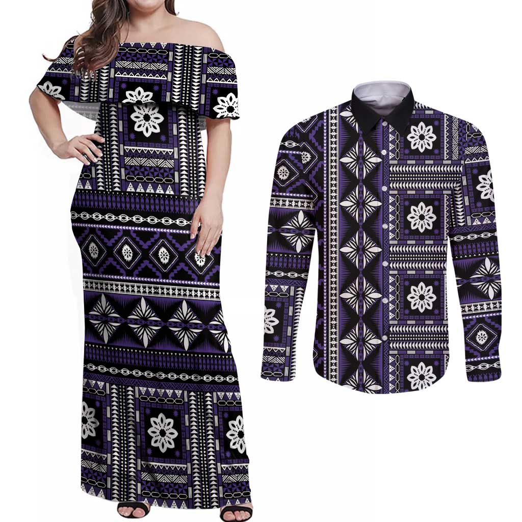 Fiji Masi Tapa Pattern Purple Couples Matching Off Shoulder Maxi Dress and Long Sleeve Button Shirt - Polynesian Pride