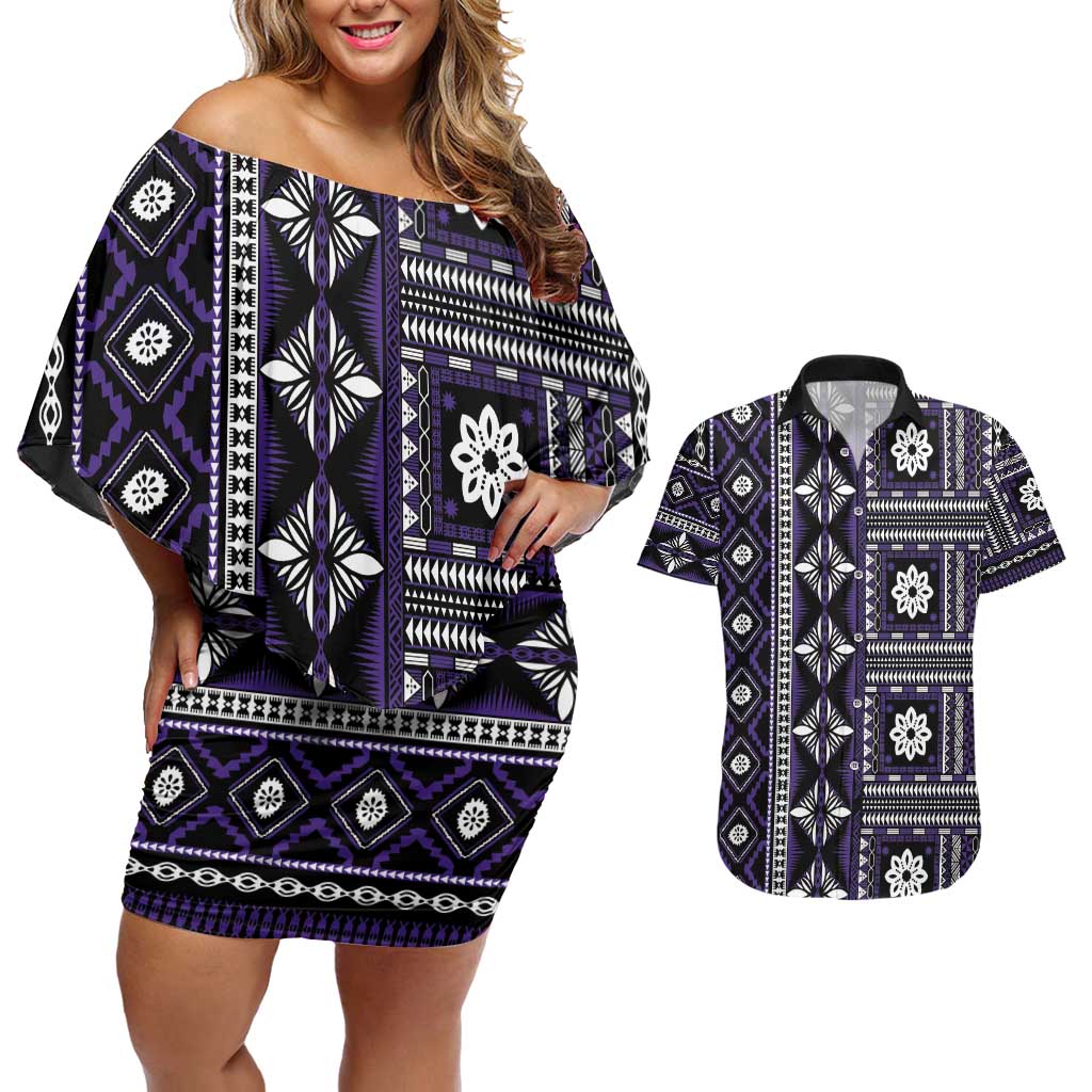 Fiji Masi Tapa Pattern Purple Couples Matching Off Shoulder Short Dress and Hawaiian Shirt - Polynesian Pride