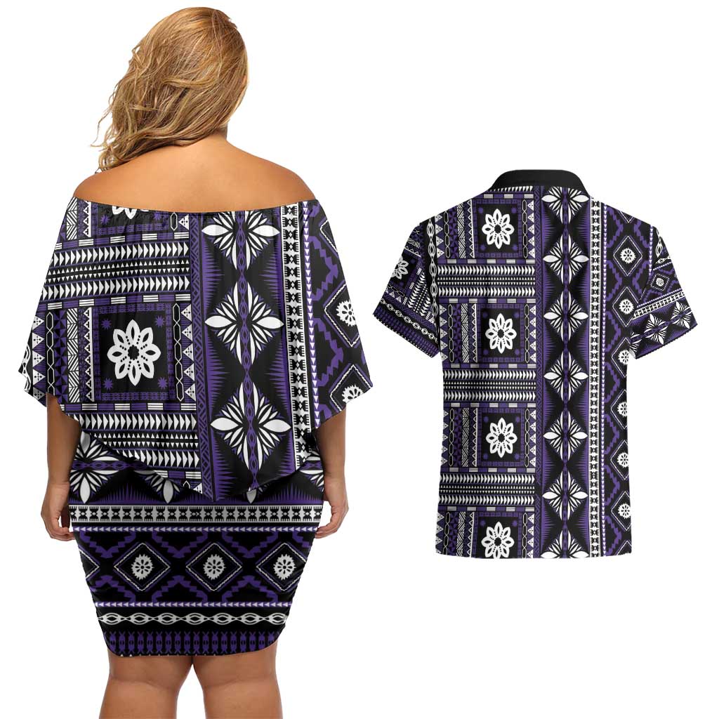 Fiji Masi Tapa Pattern Purple Couples Matching Off Shoulder Short Dress and Hawaiian Shirt - Polynesian Pride