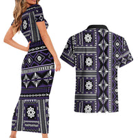 Fiji Masi Tapa Pattern Purple Couples Matching Short Sleeve Bodycon Dress and Hawaiian Shirt - Polynesian Pride