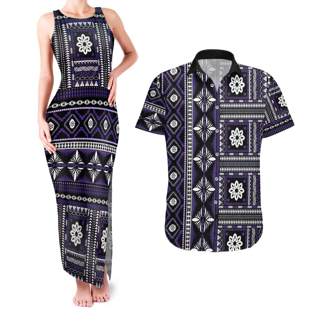 Fiji Masi Tapa Pattern Purple Couples Matching Tank Maxi Dress and Hawaiian Shirt - Polynesian Pride
