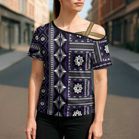 Fiji Masi Tapa Pattern Purple Cross Shoulder Shirt - Polynesian Pride