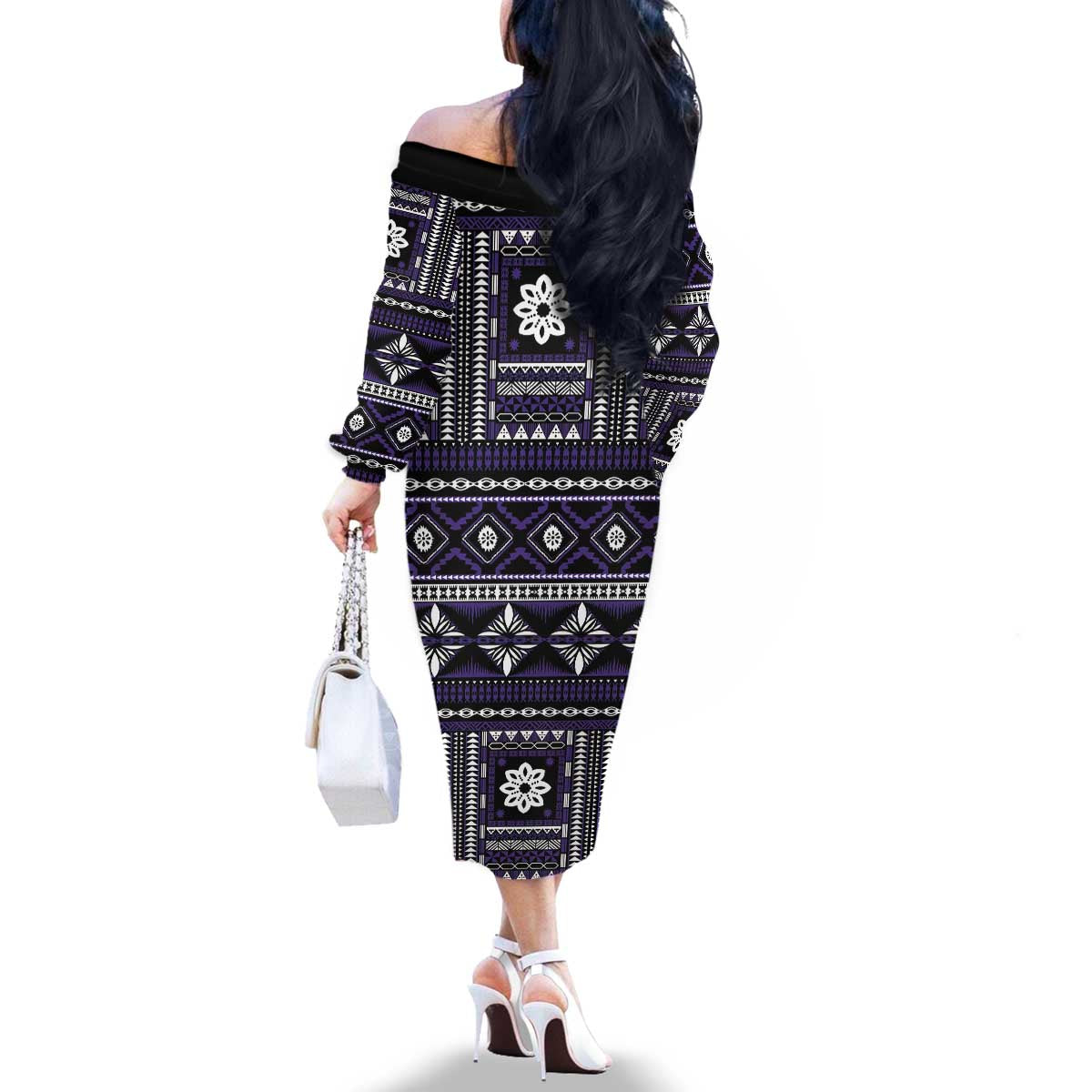 Fiji Masi Tapa Pattern Purple Family Matching Off The Shoulder Long Sleeve Dress and Hawaiian Shirt - Polynesian Pride