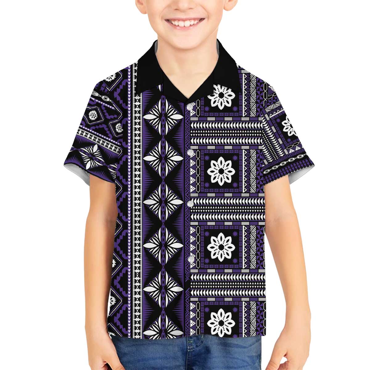 Fiji Masi Tapa Pattern Purple Family Matching Off The Shoulder Long Sleeve Dress and Hawaiian Shirt - Polynesian Pride