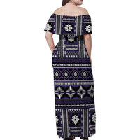 Fiji Masi Tapa Pattern Purple Family Matching Off Shoulder Maxi Dress and Hawaiian Shirt - Polynesian Pride